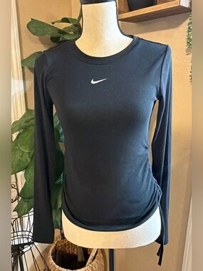 Nike Black Long Sleeve Ribbed Crewneck Top with White Swoosh